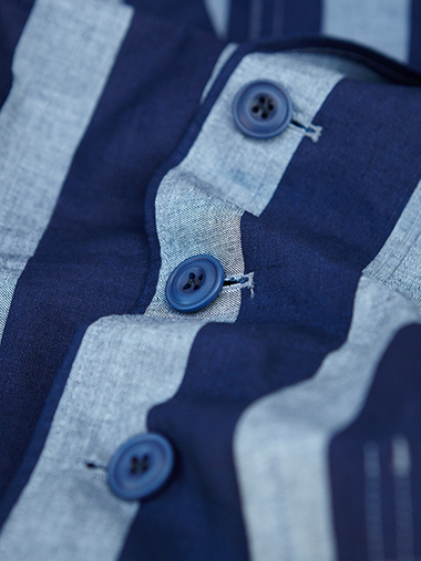 Courtney & Co. Cornbury 965 - 008 Blue coroz buttons on Nigel Cabourn striped linen shirt