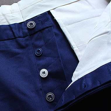 Courtney & Co. Cornbury 965 - Grey 001, Blue 104 & Natural corozo buttons on Trickett England trouser fly
