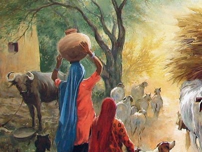 Painting of Indian buffalo in street scene